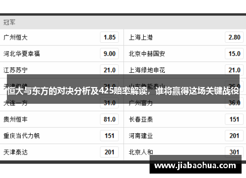 恒大与东方的对决分析及425赔率解读，谁将赢得这场关键战役
